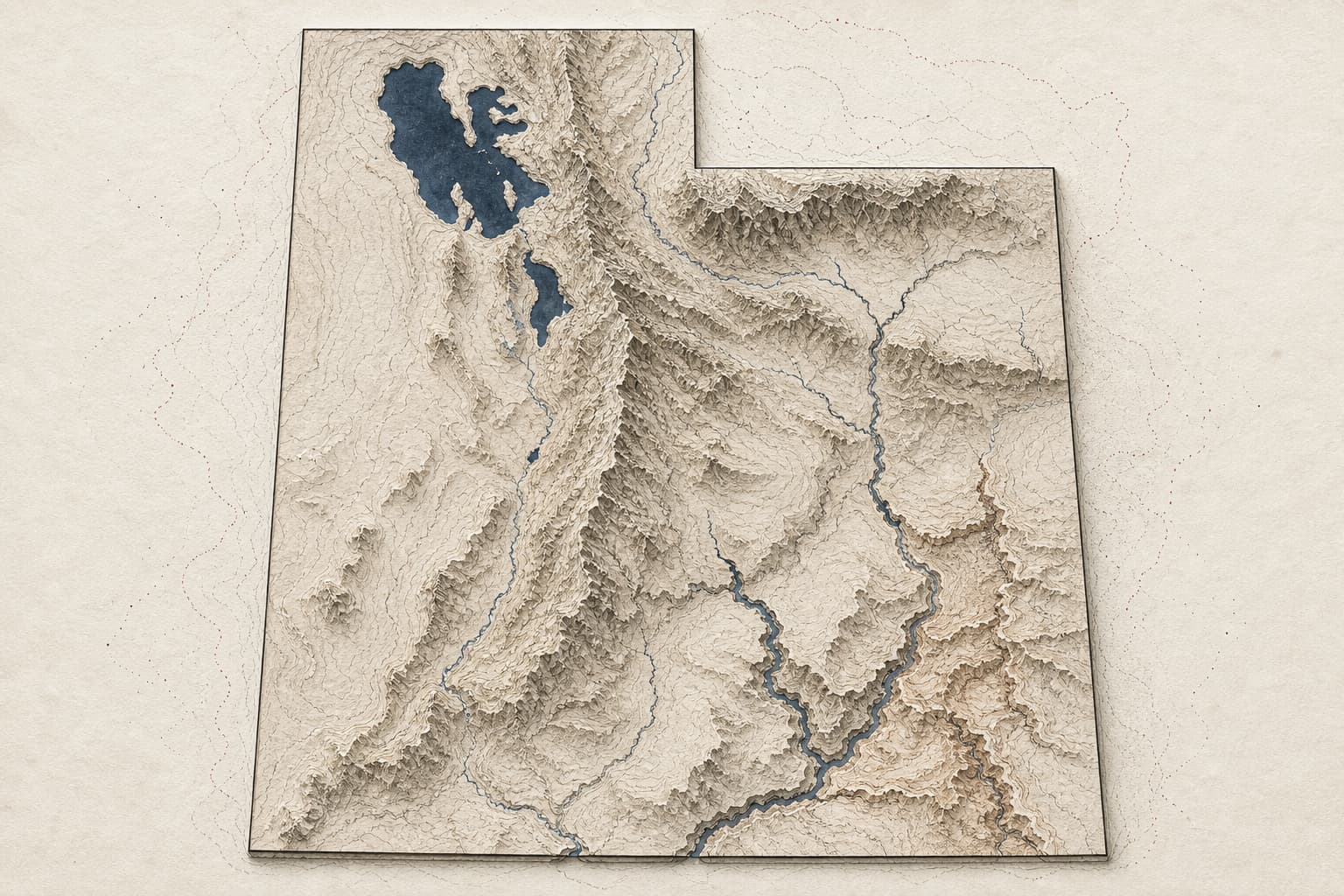 Layered topographic illustration of Utah with the Great Salt Lake, Utah Lake, mountain ranges, basins, and rivers